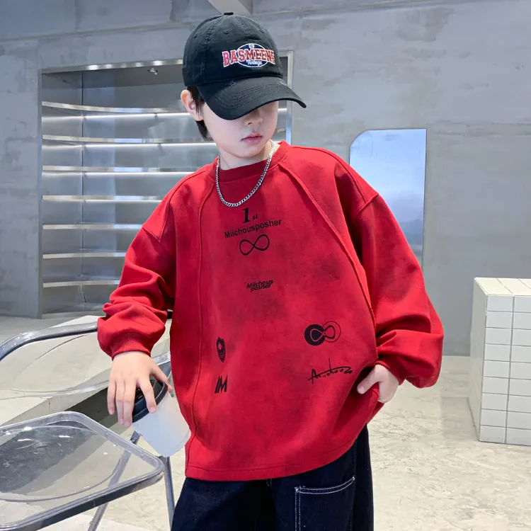 儿童装男童秋装卫衣长袖T恤炸街2025春秋新款中大童秋季红色上衣