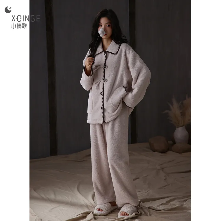 小情歌半边绒秋冬睡衣女新款长袖珊瑚绒加厚保暖家居服套装可外穿