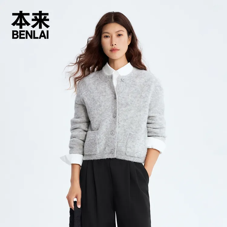 本来BENLAI女士羊毛混纺短款针织开衫圆领外套25秋新款BNM950009