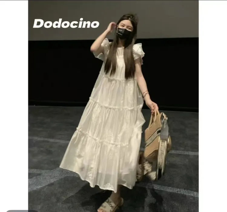 欧洲站夏日绝美海边度假宽松慵懒气质白色印花韩版连衣裙25158