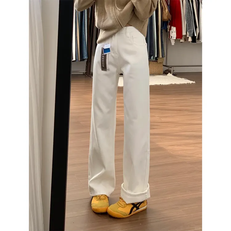 白色直筒牛仔裤女秋冬加绒加厚垂感高级感宽松高腰直筒拖地裤子