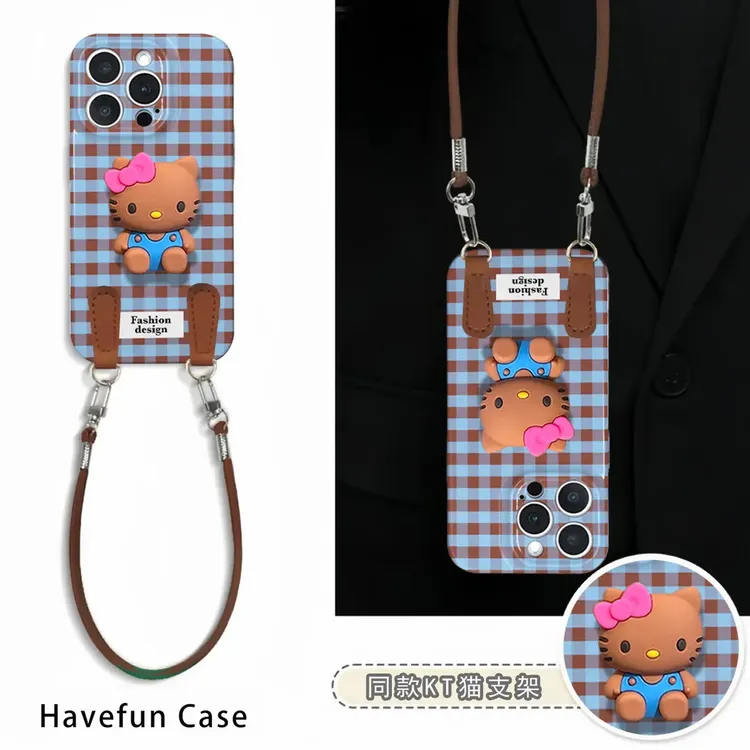 零怕格纹黑皮KT猫挂绳适用苹果17手机壳华为P70vivoppo小米15女