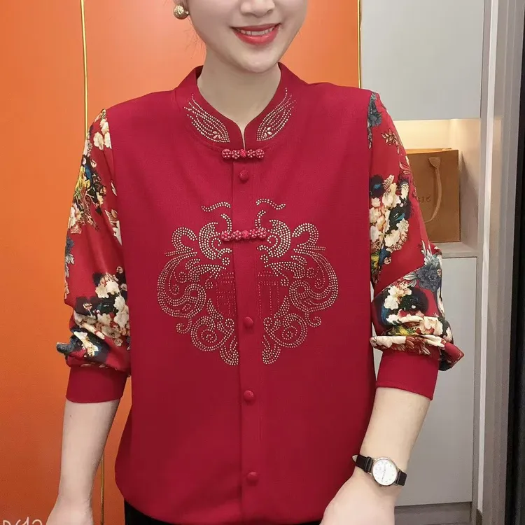 2025春季新款妈妈装烫钻国风时尚洋气百搭显瘦长袖百搭上衣5812