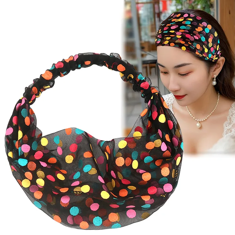 网纱薄款发带女洗脸遮白发头套透气彩色发箍波点日常外戴头巾头饰