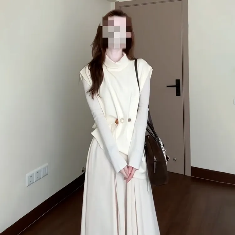 富家千金半高领针织马甲女秋季上衣绑带无袖小衫清冷半身长裙套装