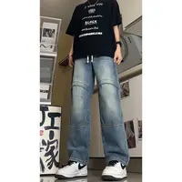 A437美式复古高街痞帅直筒牛仔裤春秋潮牌宽松休闲松紧腰长裤