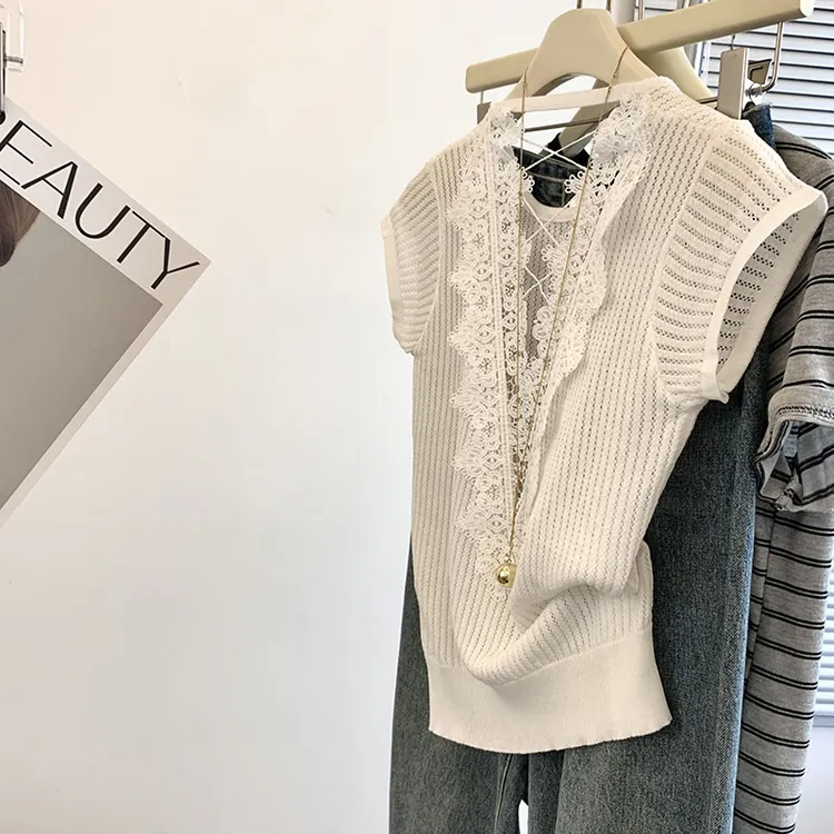 蕾丝拼接后背镂空短袖针织衫女夏季款套头冰丝t恤别致甜辣小上衣