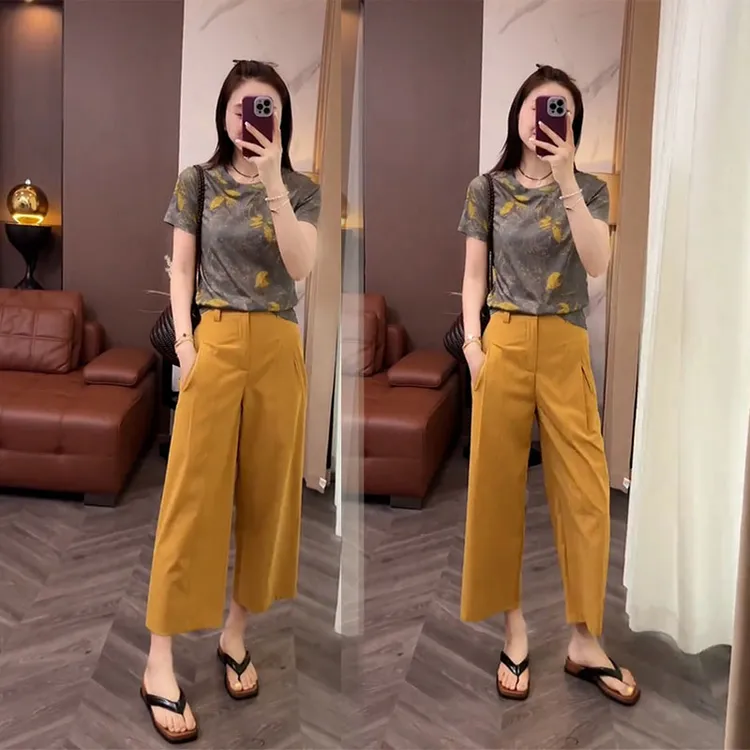夏装洋气穿搭复古套装时尚印花圆领短袖上衣高腰九分裤气质两件套