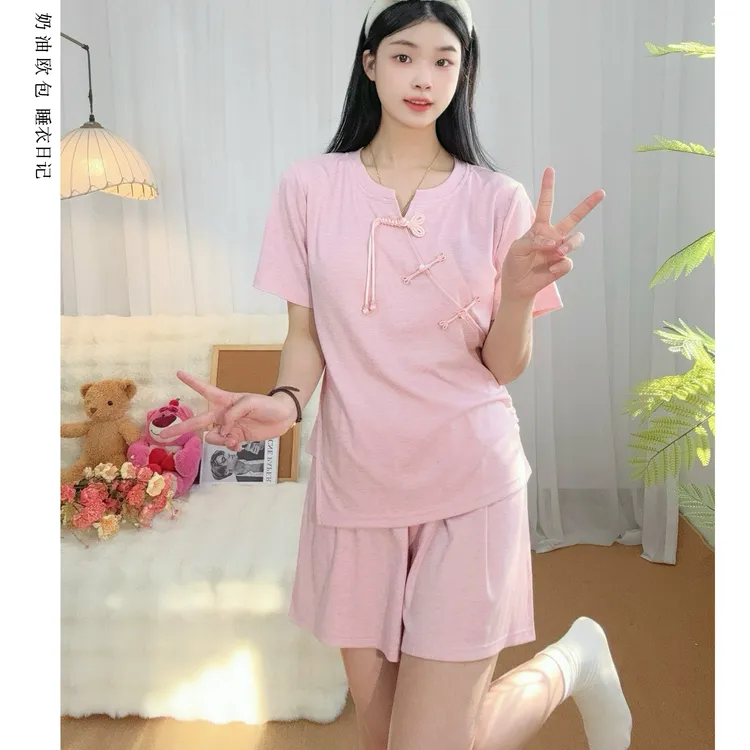 新中式国风款胸垫版睡衣女三件套夏季家居服套装