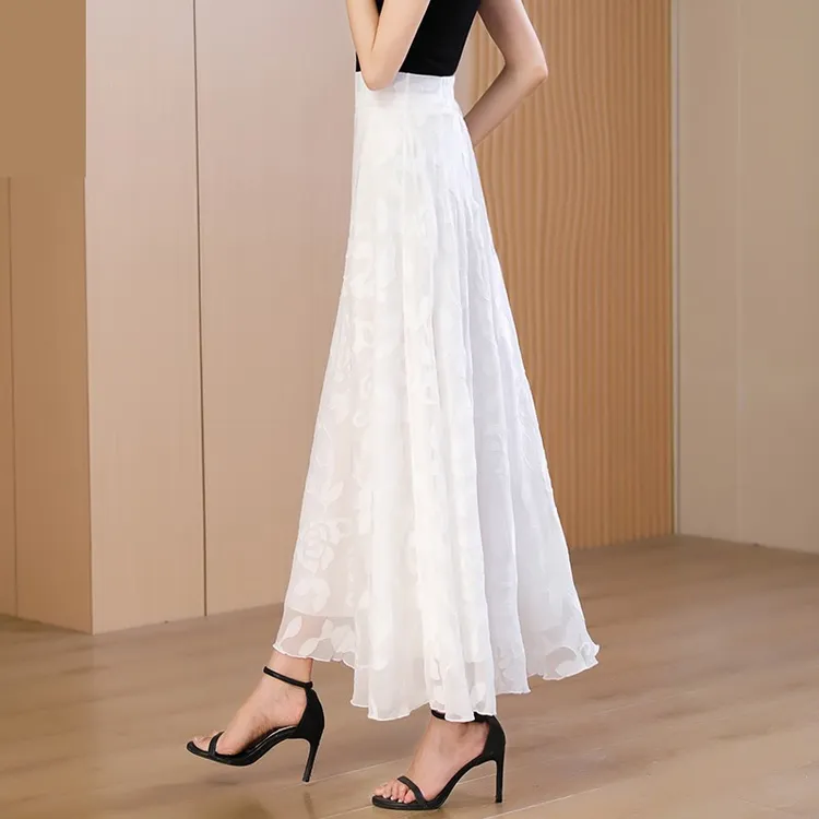 剪花雪纺半身裙高腰白色舞裙大摆裙夏季