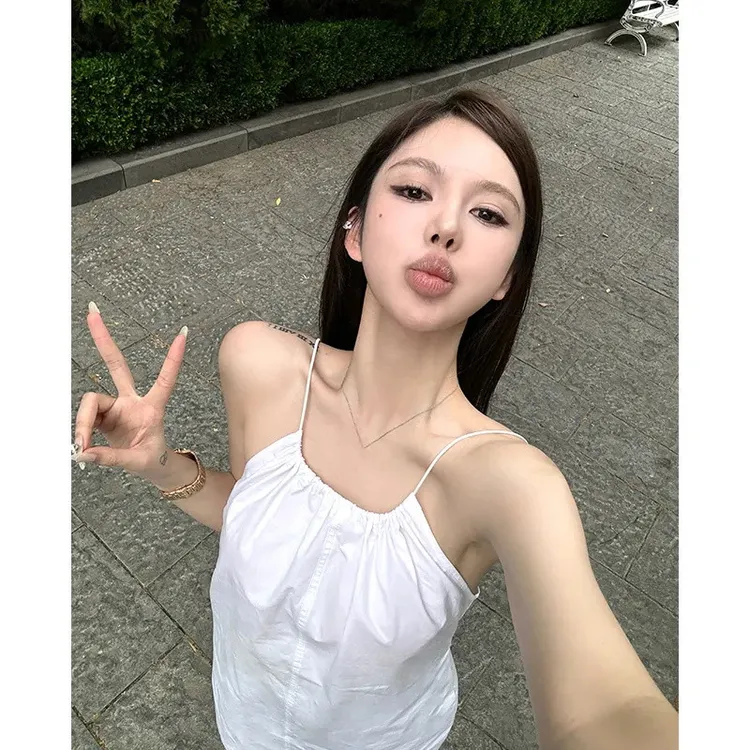 连衣裙白色短款薄挂脖露背抽绳裙子爆款梨形薄款年轻高贵