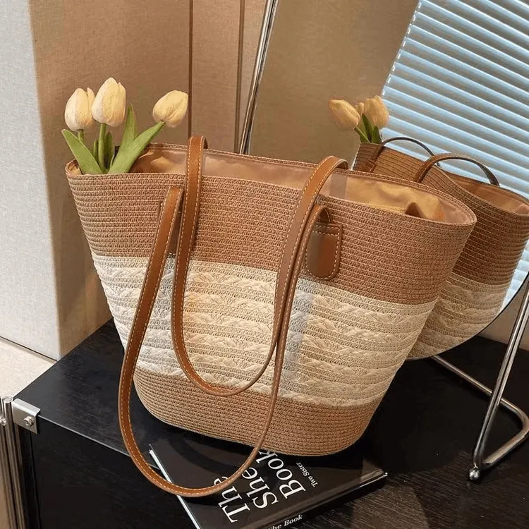 流行沙滩包包女新款潮夏季草编包通勤时尚托特百搭夏季网红条纹
