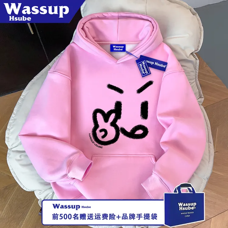 WASSUP HSUBE潮流秋冬休闲宽松印花趣味可爱比耶长袖卫衣情侣上衣