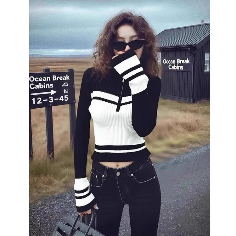 韩系气质纯欲风撞色半拉链针织衫女秋冬2025新款设计感辣妹上衣潮