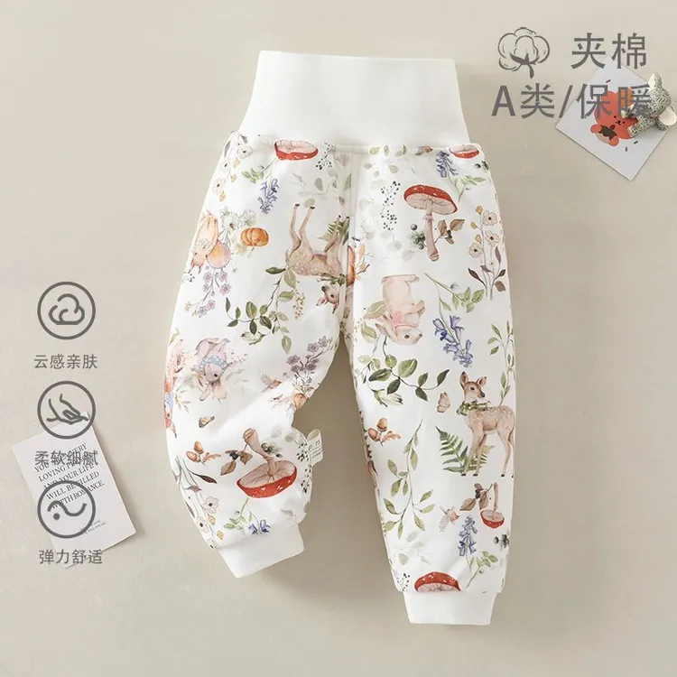 婴儿夹棉裤子秋冬季加厚保暖宝宝长裤男女童高腰护肚棉裤秋冬打底