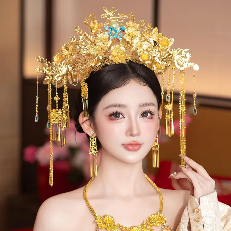 予禧-15327金色凤冠金色新中式新娘头饰简单流苏奢华婚礼大冠