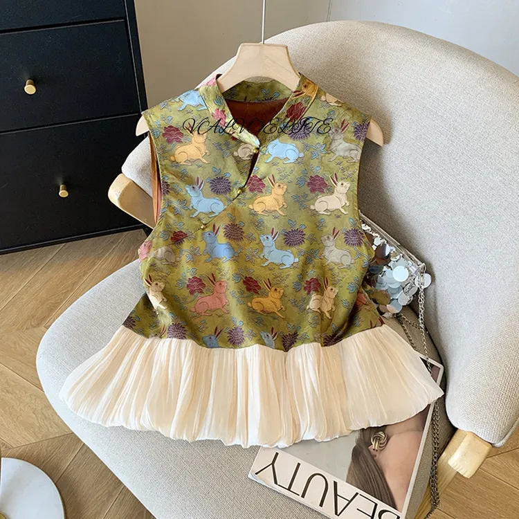 新中式国风缎面提花无袖衬衫女夏季宽松拼接荷叶边设计感背心上衣