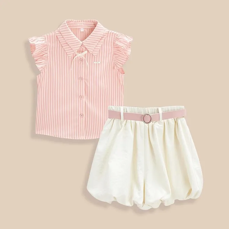 女童无袖套装夏季2025新款儿童时髦夏装女孩小飞袖衬衫短裤两件套