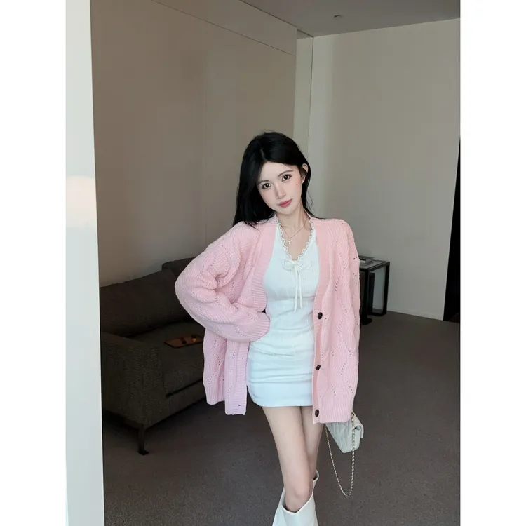2025秋季新款甜美设计感纹路时尚宽松长袖毛衣外套针织开衫上衣女