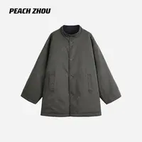 『PEACHZHOU』双面穿水波绗线宽松立领系扣夹棉外套休闲中长款棉服