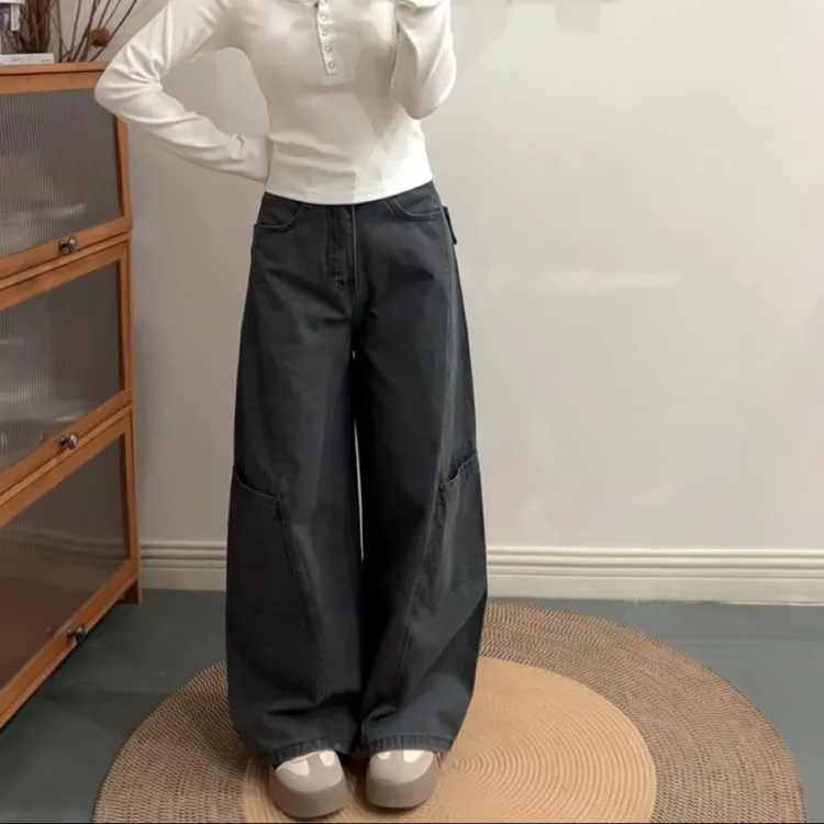 有点酷 小个子秋季美式复古灰色辣妹阔腿显瘦拖地工装裤9756