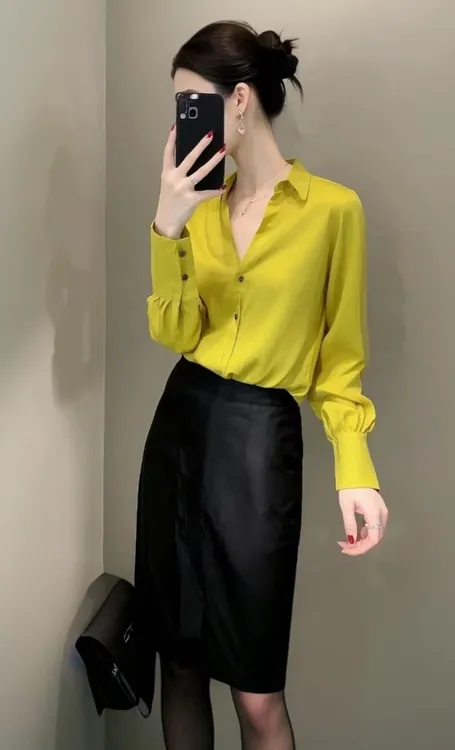 春季端庄大气名媛气质轻奢高级感上流社会黄色收腰衬衫半裙裙套装