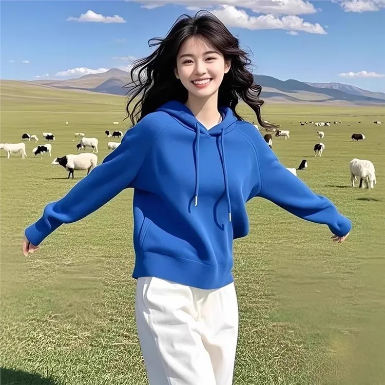 春秋连帽卫衣女2025新款爆款小个子宽松休闲百搭显瘦克莱因蓝上衣