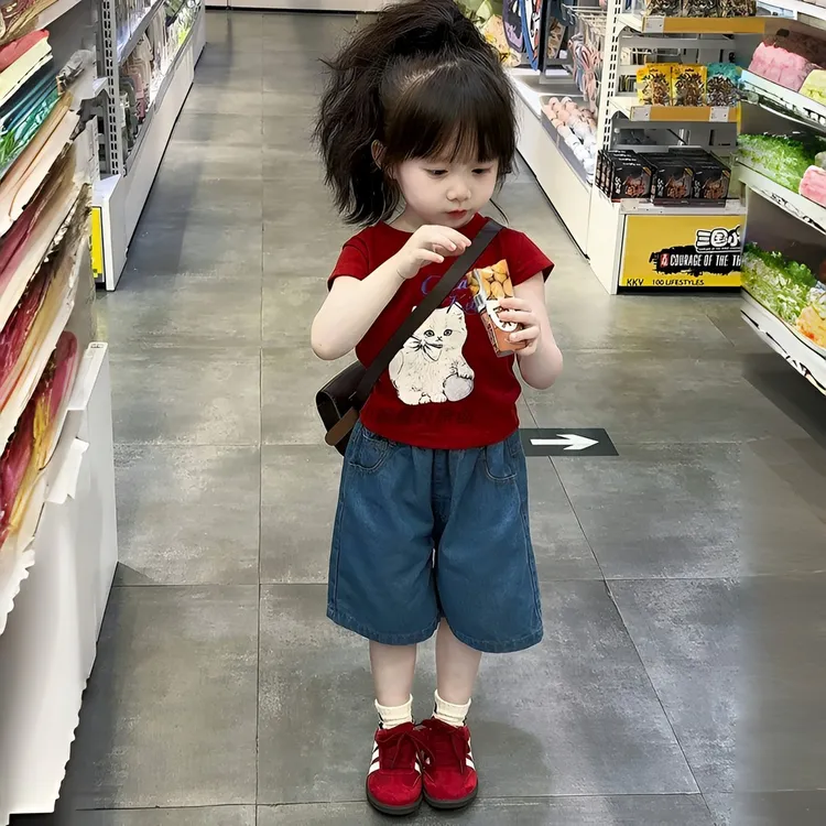 新品巴拉女宝夏季超好看套装2025新款儿童洋气炸街猫咪短袖恤薄牛