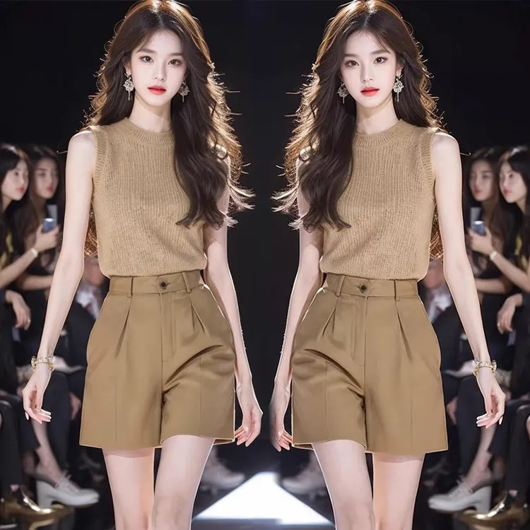 洋气衣服女显瘦休闲无袖针织衫上衣短裤时尚套装2025新款简约夏装
