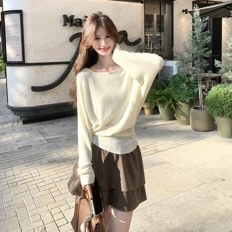 纯欲风针织露肩上衣短裙套装女2025秋季新款韩系气质小个子两件套