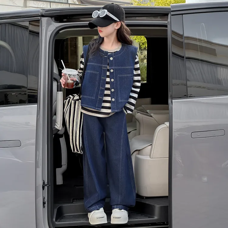 女童牛仔马甲套装韩范时髦2025新款中大童条纹打底衫阔腿裤三件套