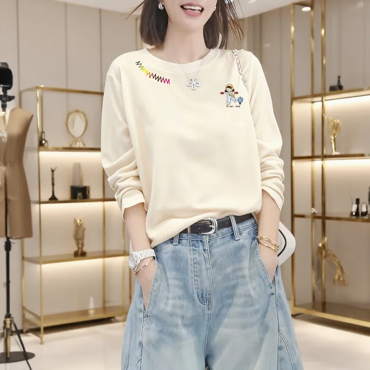 啄木鸟 2025新款纯棉长袖圆领T恤女士杏色秋季圆领休闲套头打底衫