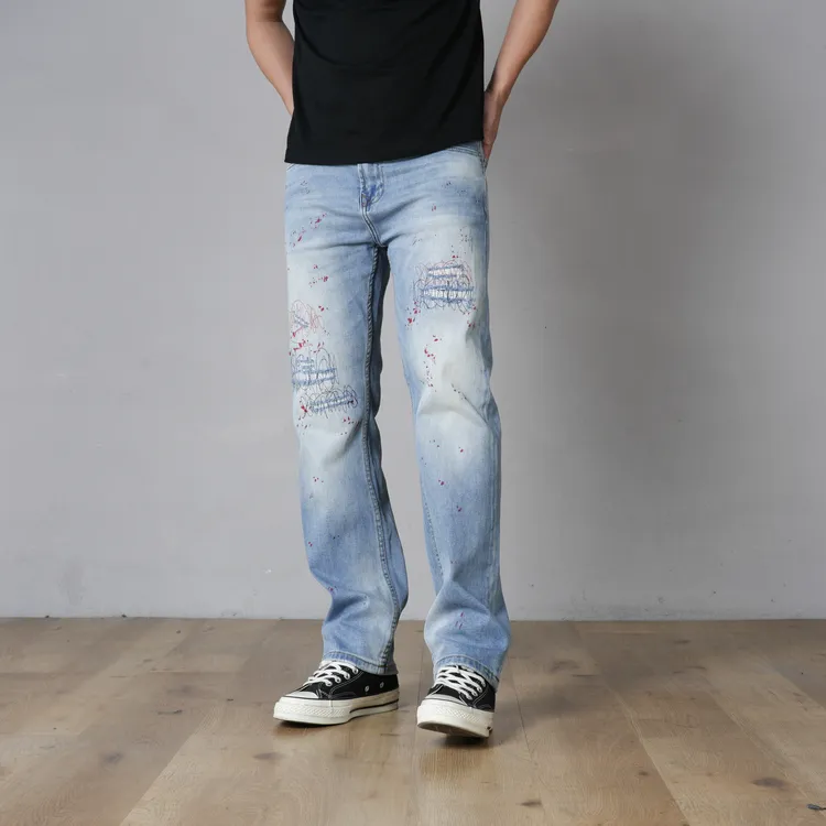 SEVENTH/第七路【合身直筒】微弹12盎点漆破洞补丁四季直筒牛仔裤男