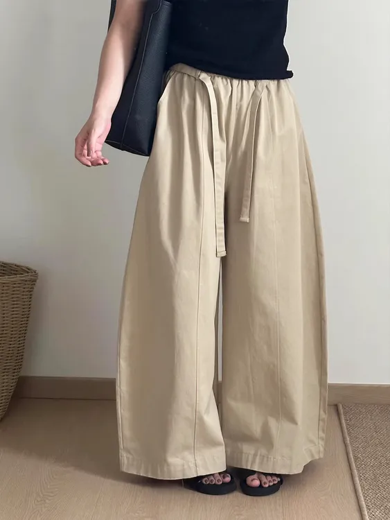 卡其色阔腿弯刀裤女秋季大码胖mm显瘦遮肉小个子松弛感直筒休闲裤