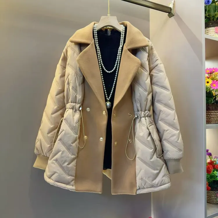 时尚气质欧洲站网红爆款小众抽绳设计感棉服衣长72左右