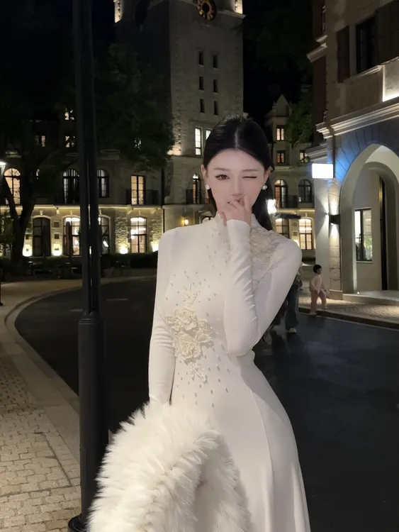 春日部【月光棉序】甜美白色立体花朵收腰显瘦气质长裙连衣裙01347