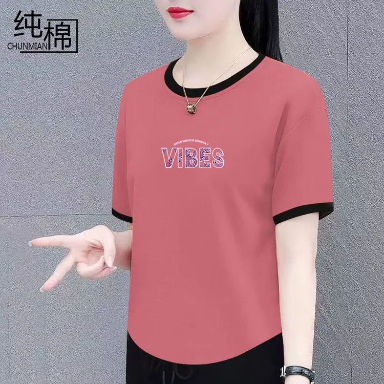 纯棉夏季短袖t恤女薄款时尚宽松显瘦大码女装拼接遮肚上衣体恤衫