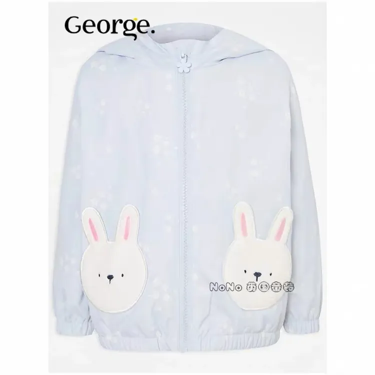 现货英国乔治George女童浅蓝卡通兔子薄绒拉链连帽衫风衣外套