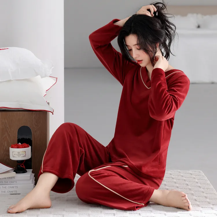 海岛绒睡衣女秋冬季套头加绒可外穿新款本命年红色珊瑚绒家居服