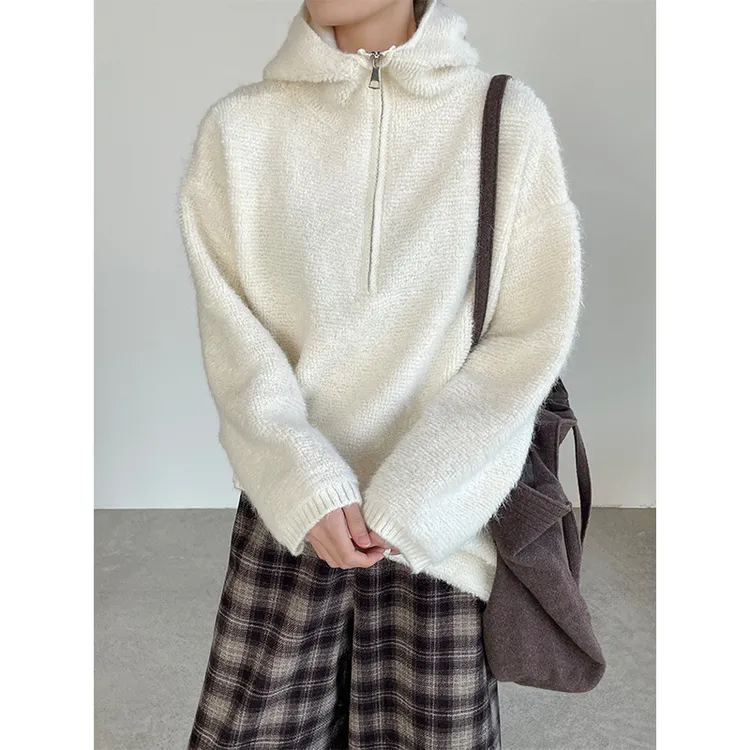 韩版圈圈羊毛连帽半拉链宽松毛衣女2025冬季新款加厚慵懒风上衣潮