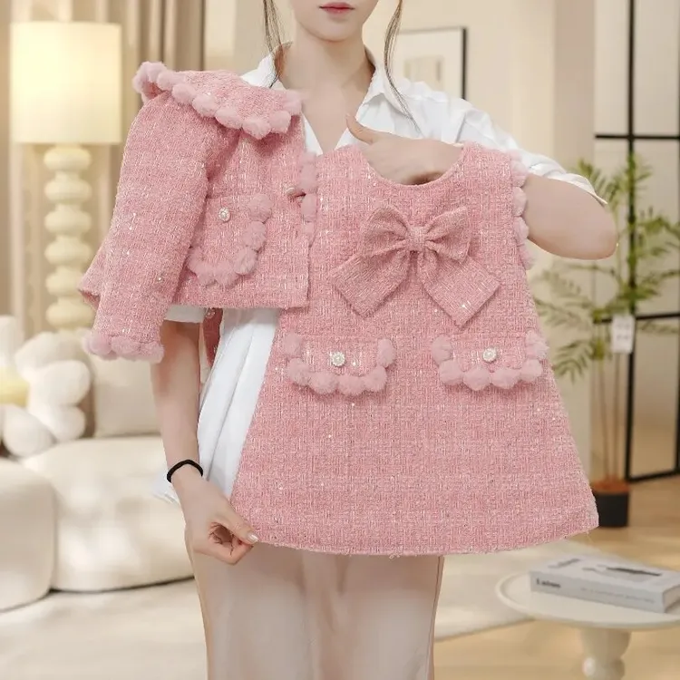 2025女童秋冬季新款高级感加绒加厚粉色马甲外套小香风套装儿童