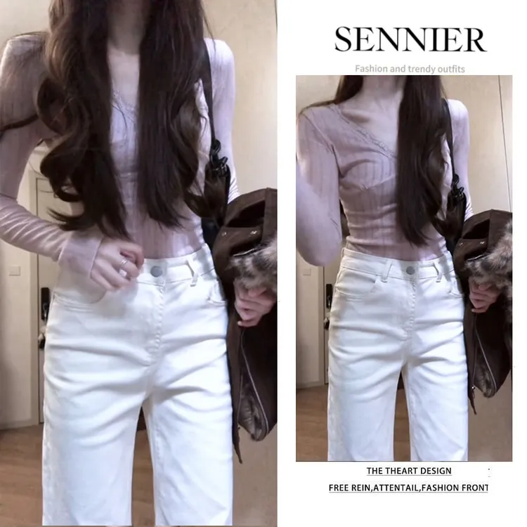 早春温柔系穿搭女2026新款韩版百搭蕾丝V领修身长袖休闲裤两件套