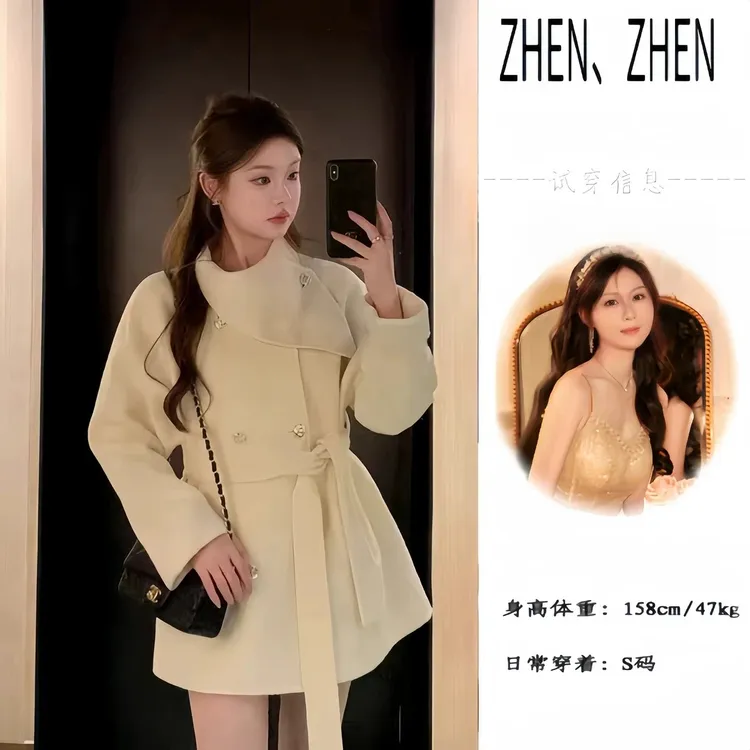WAPLE【千金女主】秋冬网红千金风毛呢显瘦系带白外套呢子大衣外套