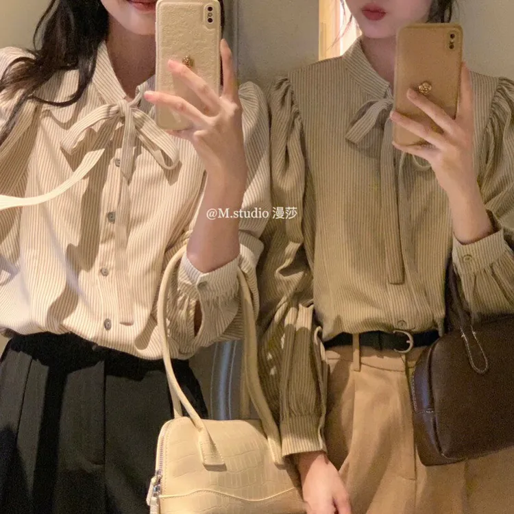 韩系设计感竖纹蝴蝶结小衫温柔显瘦气质百搭休闲上衣