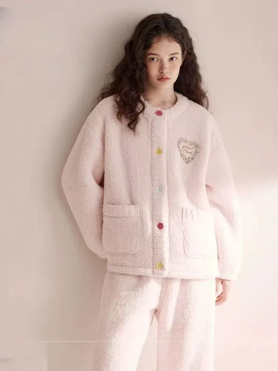 秋冬羊羔绒韩版小香风保暖家居服珊瑚绒桂花绒甜美加厚睡衣女套装