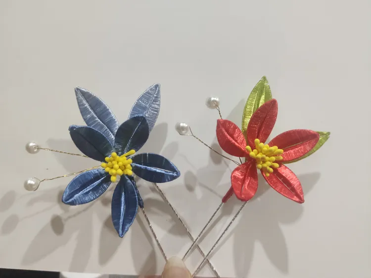 非遗缠花手工发簪红蓝复古宫廷发簪手工百搭旗袍橘色日常清新