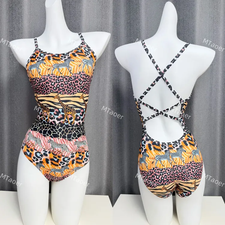 MTaoer【单层莱卡无胸垫】单层竞速泳衣豹纹遮肚显瘦连体速干泳衣