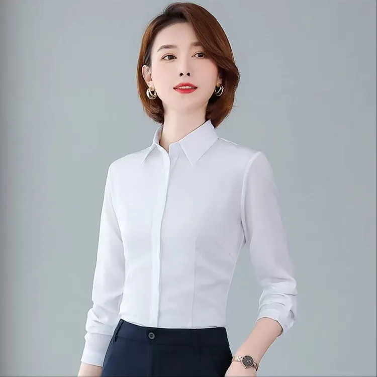 秋季薄款弹力衬衫女长袖职业正装工作服职业不透暗扣弹性白衬衣