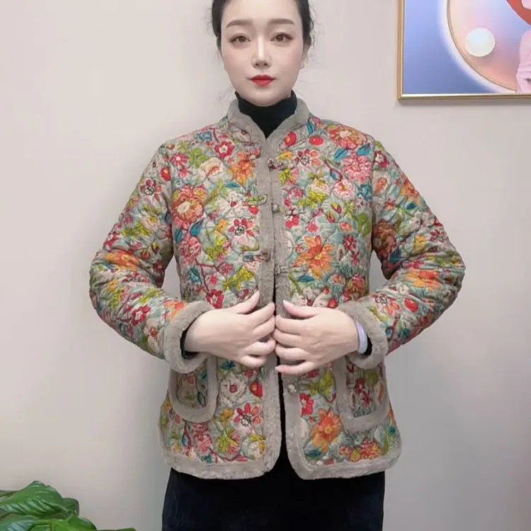 冬季新款时尚国风盘扣加绒加厚立领棉衣外套妈妈装