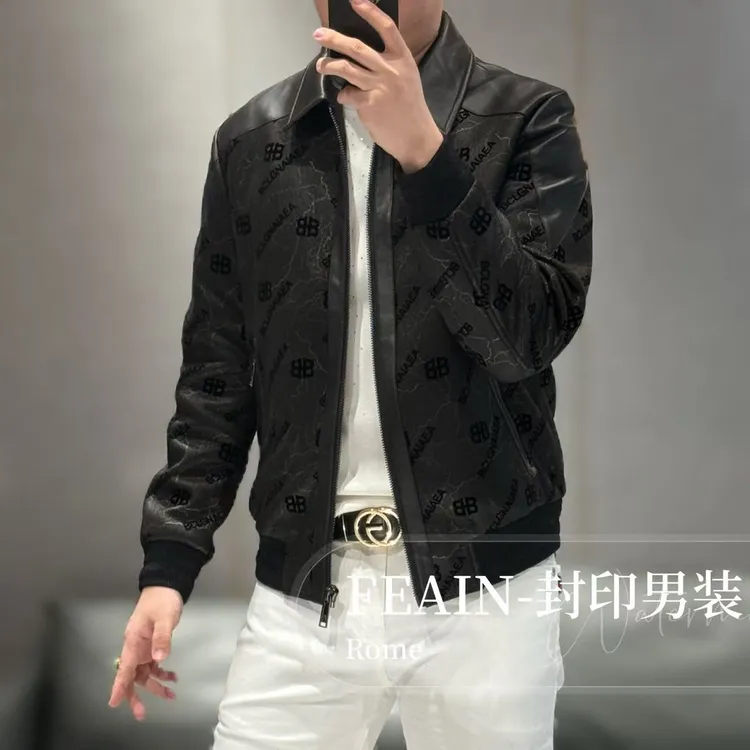 【真皮拼接】高端男士激光雕花植绒工艺加棉夹克8105